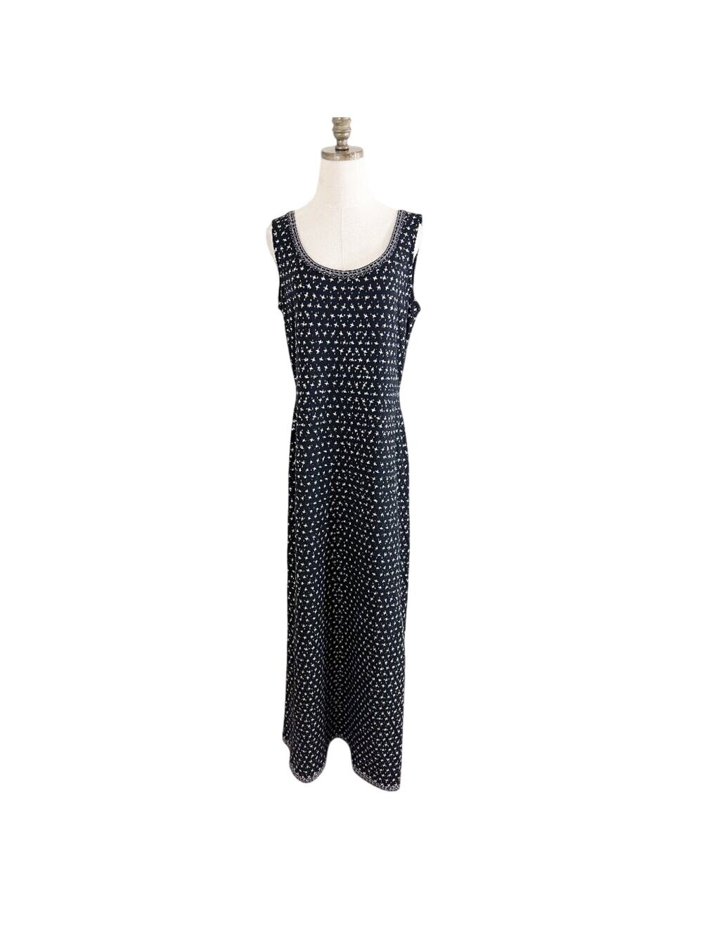 St. John Evening Black Star Print Knit Evening Dress Sz 12 Sleeveless Crew Neck